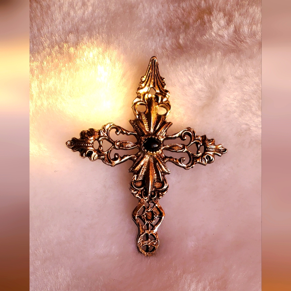 Antique Black Onyx Cross Brooch